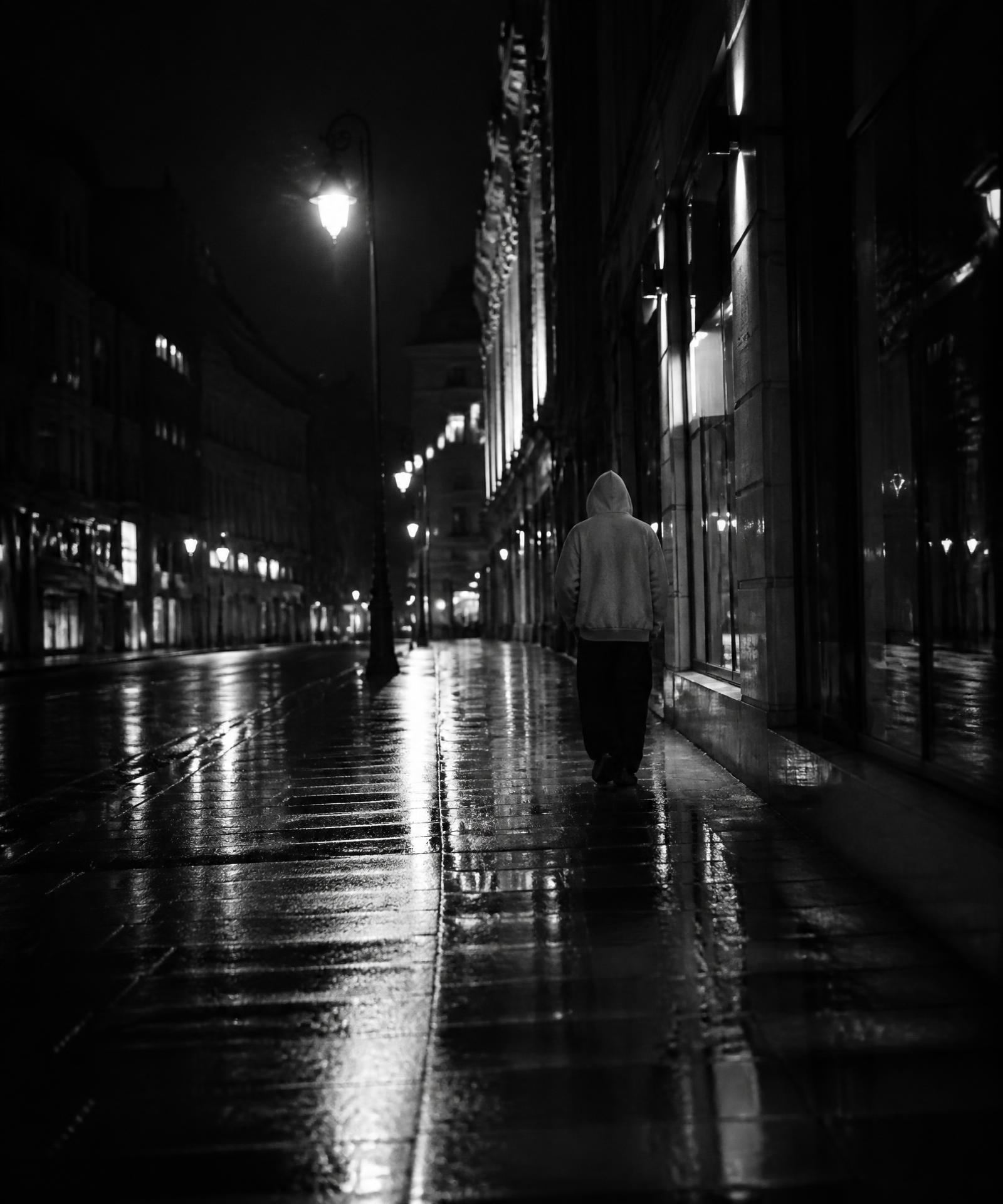 Stockholm street at night, rain-slick asphalt lit by flash photography
