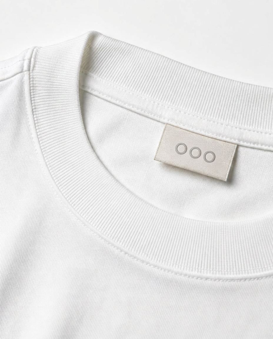Macro shot of the ribbed neckline, woven label and twin-needle stitching