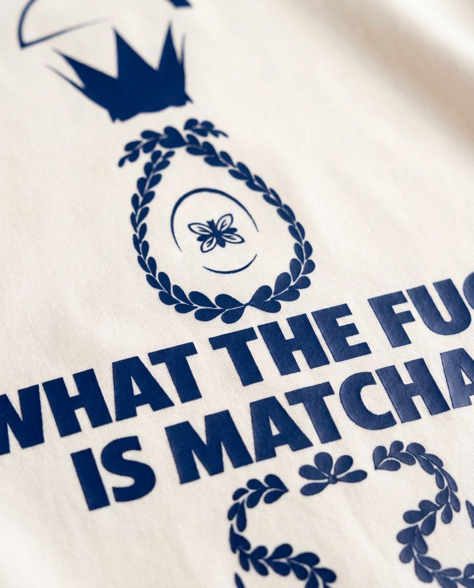 Macro shot of the navy screen print on the heavyweight cotton jersey
